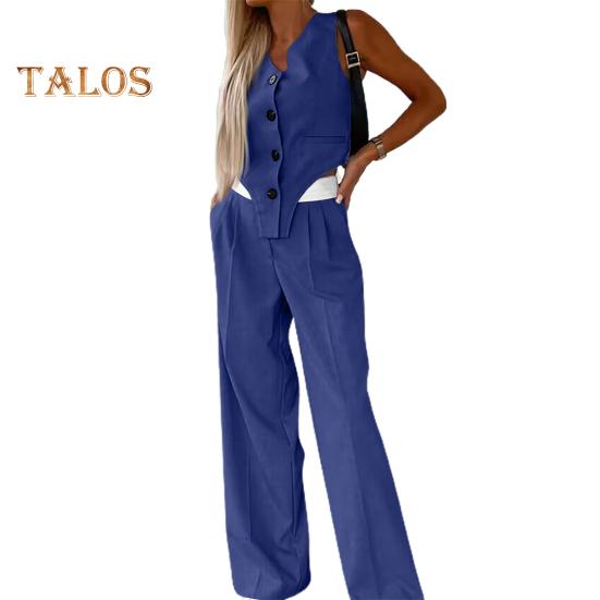 2 stk/sett Dame Toppbukser Dress Ermeløs V-hals Enkelsnappet Uregelmessig vest Elastisk Høy midje Bred Ben Bukser Ensfarge Formell OL