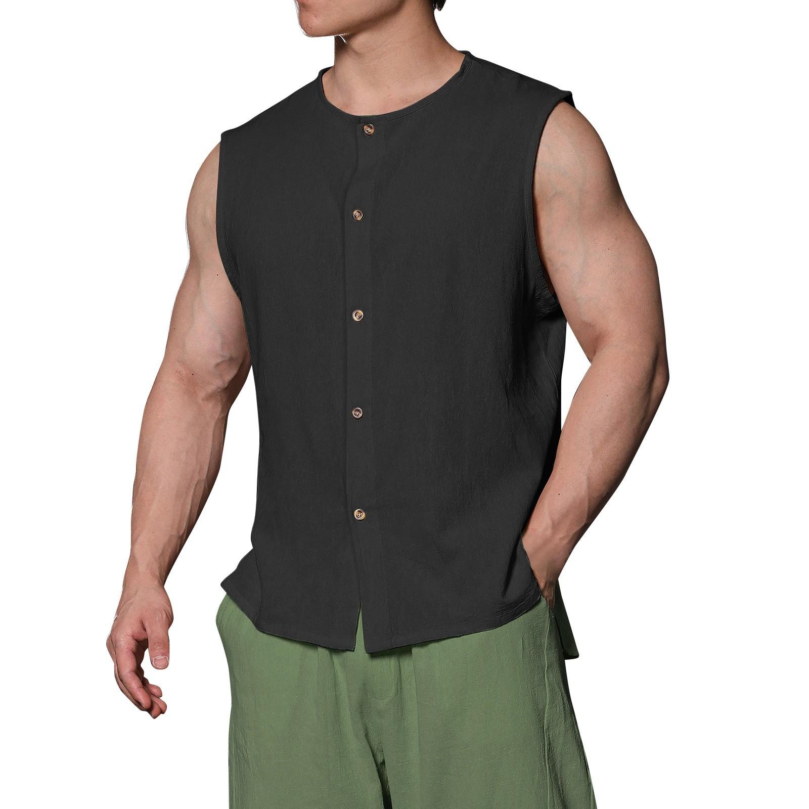 

Мужская однотонная рубашка без рукавов с круглым вырезом из хлопка и льна на пуговицах L чёрный