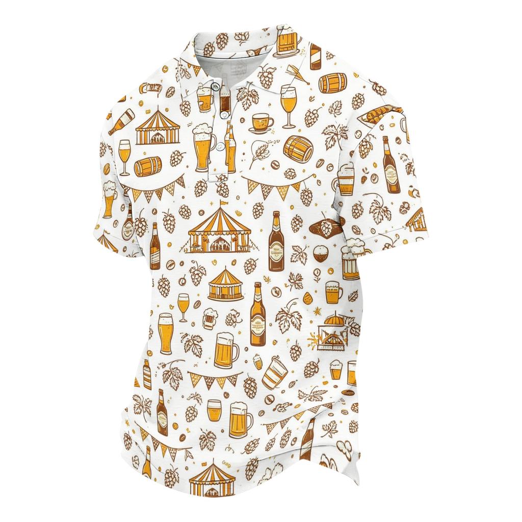 Unisex ležérní polo tričko volného střihu s krátkým rukávem a vzorem inspirovaným pivním festivalem. Lehké prodyšné látky pro každodenní nošení.