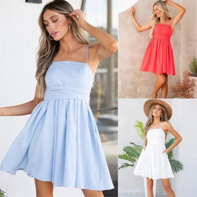 Summer New Women's Solid Color Suspender Bohemian Bow Belt Dress