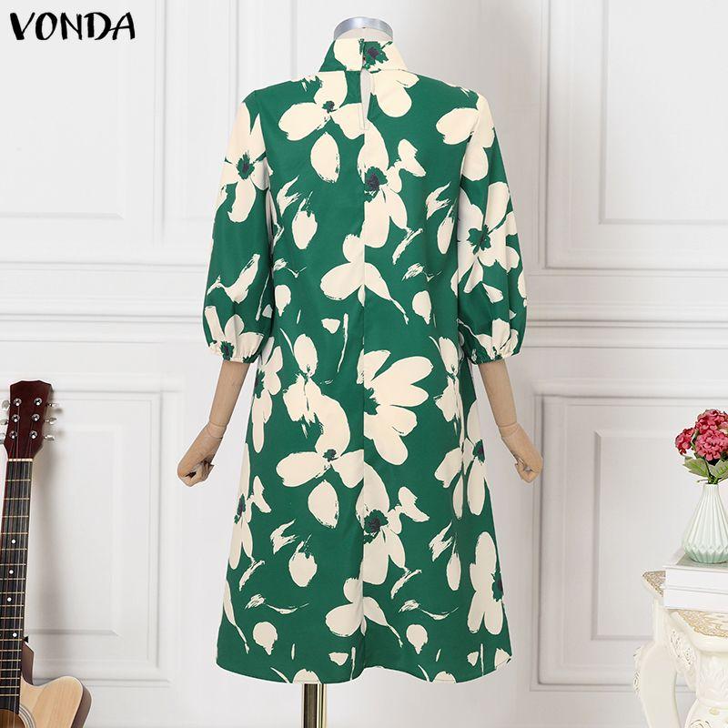 VONDA Elegant Women Stand Neck Puff Sleeve Floral Print Casual Loose Long Baggy Dress