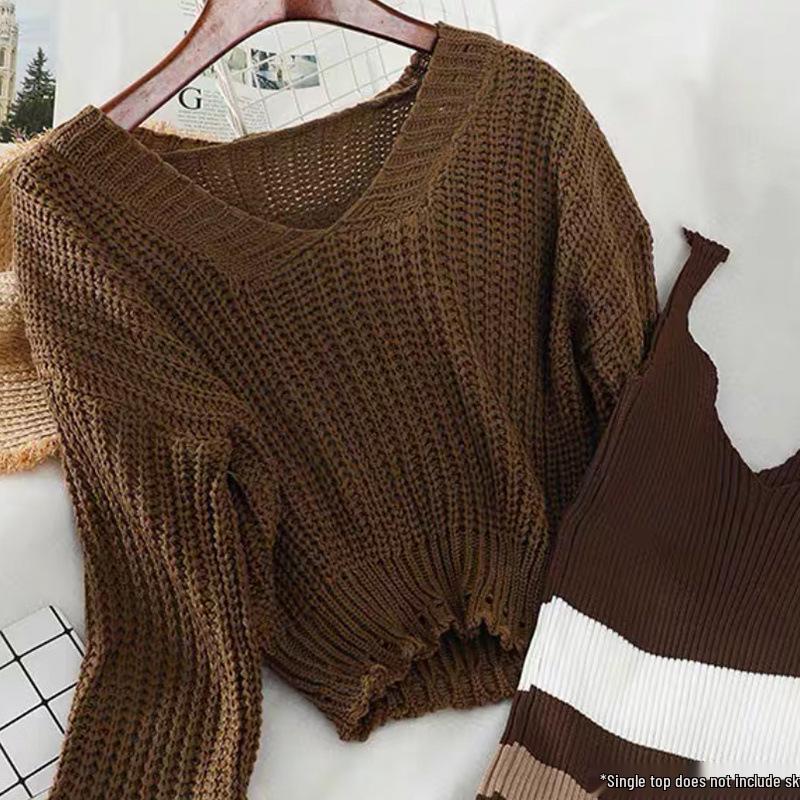 2025 Autumn/Winter Korean Retro Hyuna Two-Piece: V-Neck Sweater + Striped Skirt Dress