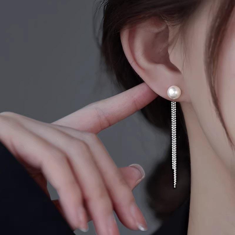 S925 Silver Pearl Tassel Stud Earrings: Elegant, Face-Slimming Accessories