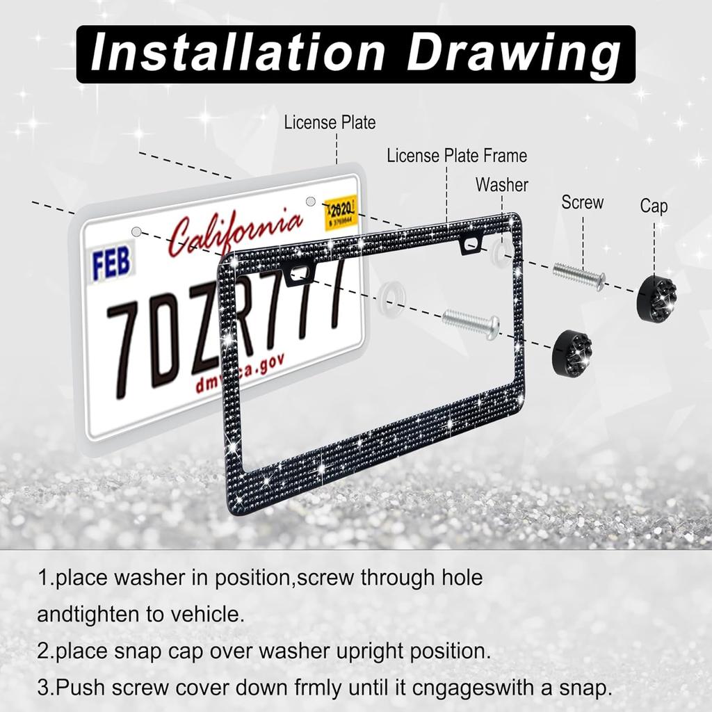 Amiss Bling License Plate Frame For Women, 2Pack Rhinestone Handcrafted Crystal Premium Stainless Steel, Stainless Steel Car Accessories With Diamond