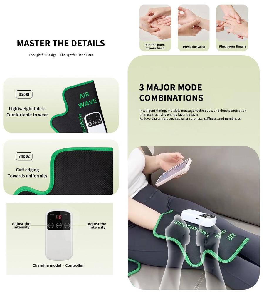 Portable AIR WAVE Massage Gloves Heating + Air Pressure Relief Portable Hand Massager for Pain, Numbness & Carpal Tunnel Rechargeable & Lightweight