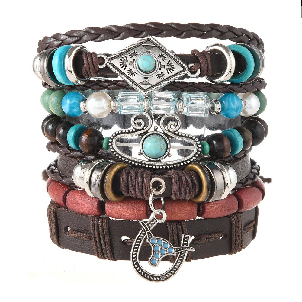 Leather Bracelets for Men Women Handmade Wrap Woven Cuff Bracelets Wooden Beaded Bracelets Vintage Ethnic Tribal Wristbands Bracelet Set Adjustable