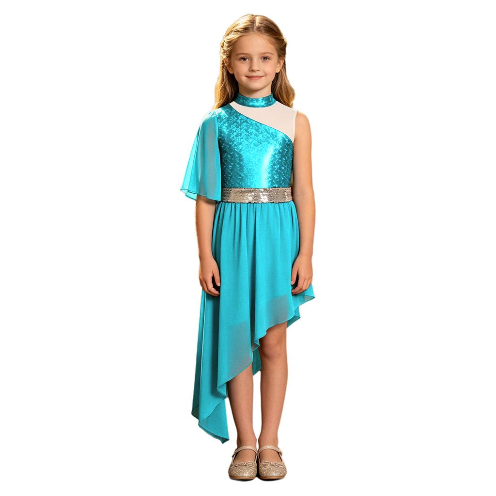 Kids Church Worship Dance Dress Metallic Bodice Asymmetrical Hem Sequin Belt Back Invisible Zipper for Praise Lyrical Stage Performance