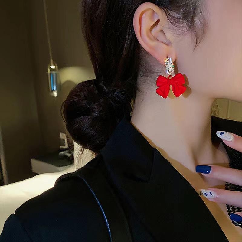 Women French Style Black Ribbon Bow-knot Earrings for Girls Unique Cute Golden Silver Elegant Black Bowknot Stud Earring