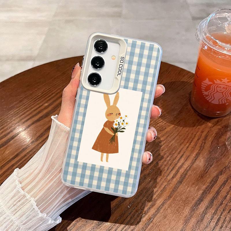 For Samsung Galaxy S24 S23 Ultra Plus FE S25 S22 Ultra Plus S21 FE Laser Phone Case Checkered Grid Cute Animals Pattern Covers