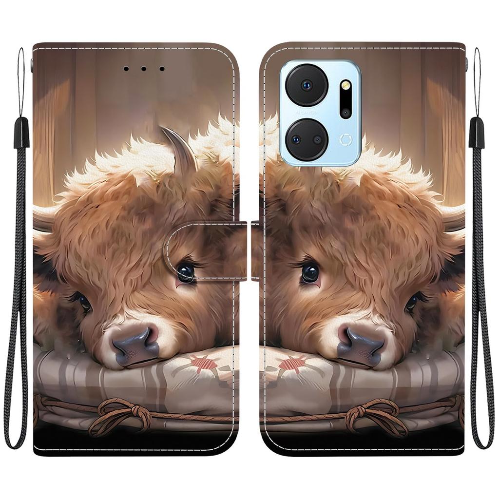 Handmade PU Leather Flip Case for Honor X7a Anti-Slip Shockproof Cover with Wrist Strap & Heart/Rose Cat Designs