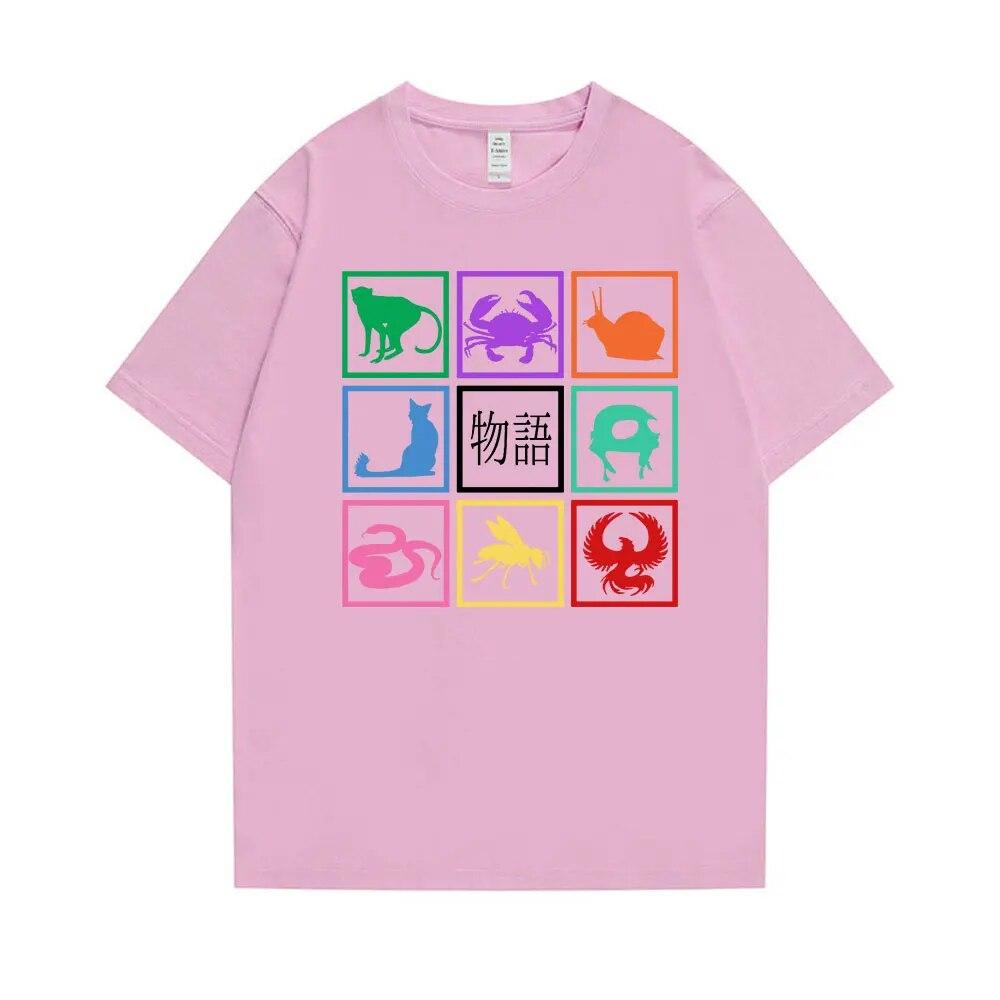 Japanische Manga Monogatari Serie Grafikdruck Schwarzes T-Shirt Unisex Damen Übergroßes T-Shirt Kleidung Lustiges Harajuku Streetwear Top
