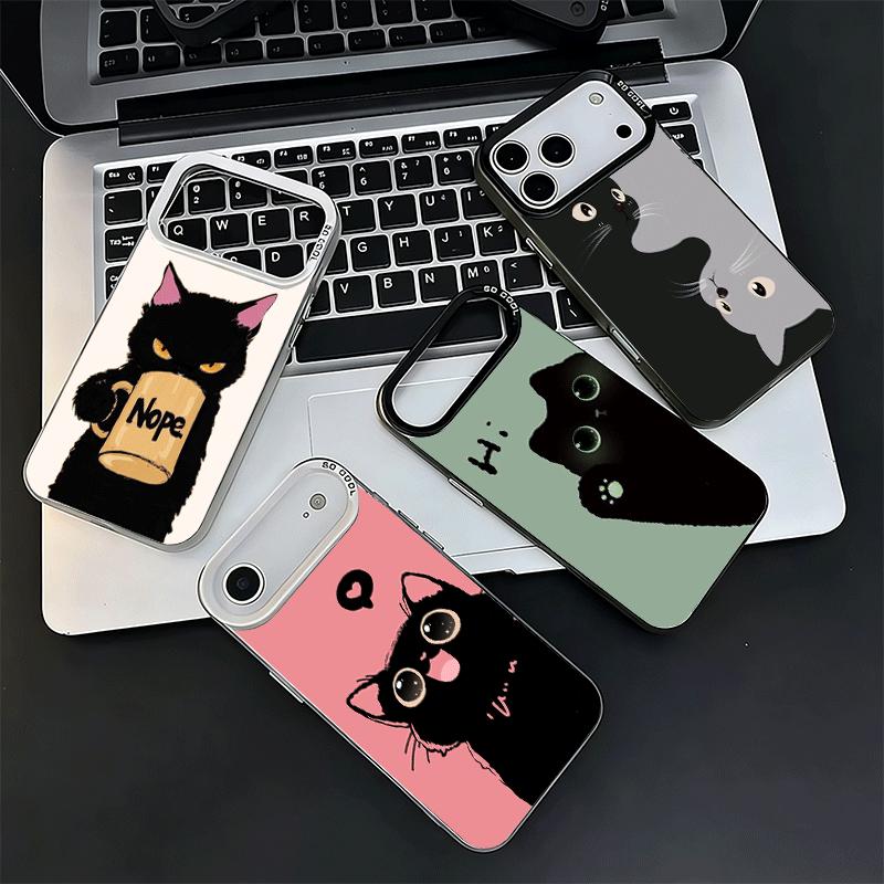 Schwarze Katze Cartoon Niedlich Stoßfest Handyhülle für iPhone 17 Air 16 16E 15 Pro Max 14 Plus 13 Mini 12 Rückseite Anti-Fall Fundas