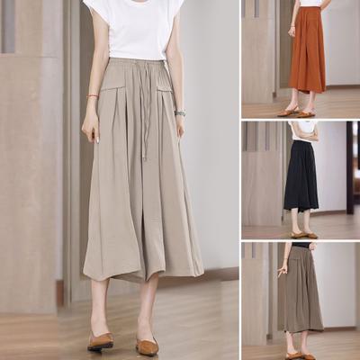 Women Cropped Pants Solid Color Wide-Leg Elastic Waist Casual Trousers with Pockets