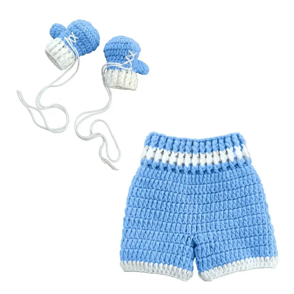 Solid Color Blue Knitted baby Photo Props 1 Set Boxer Pink Girl Crochet Set Baby Bath Gift Studio Photography Shooting Supplies