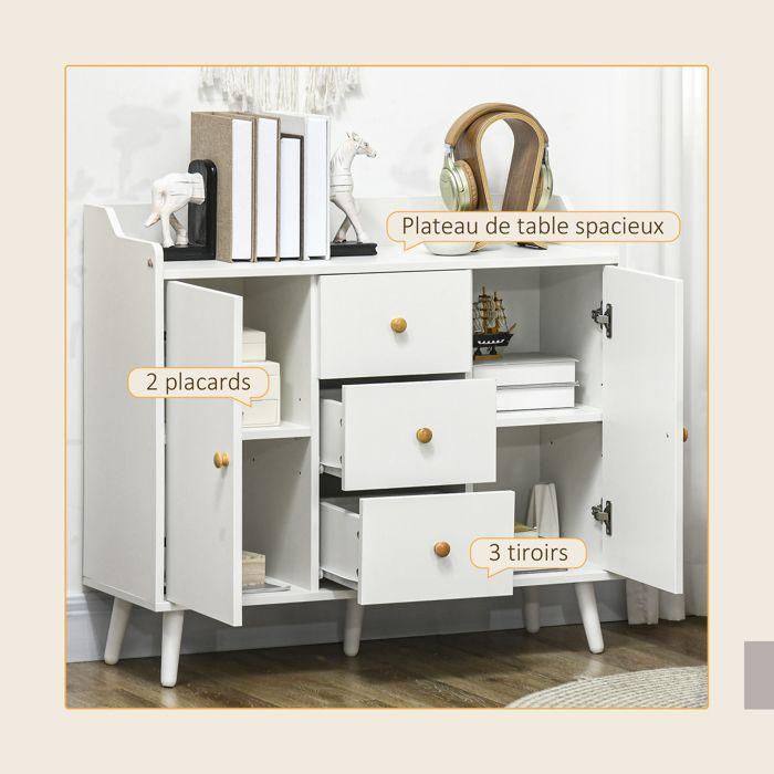 Buffet - HOMCOM - 2 portes, 3 tiroirs et pieds en bois massif - style moderne - panneau de particules - 90 x 32 x 80 cm - blanc