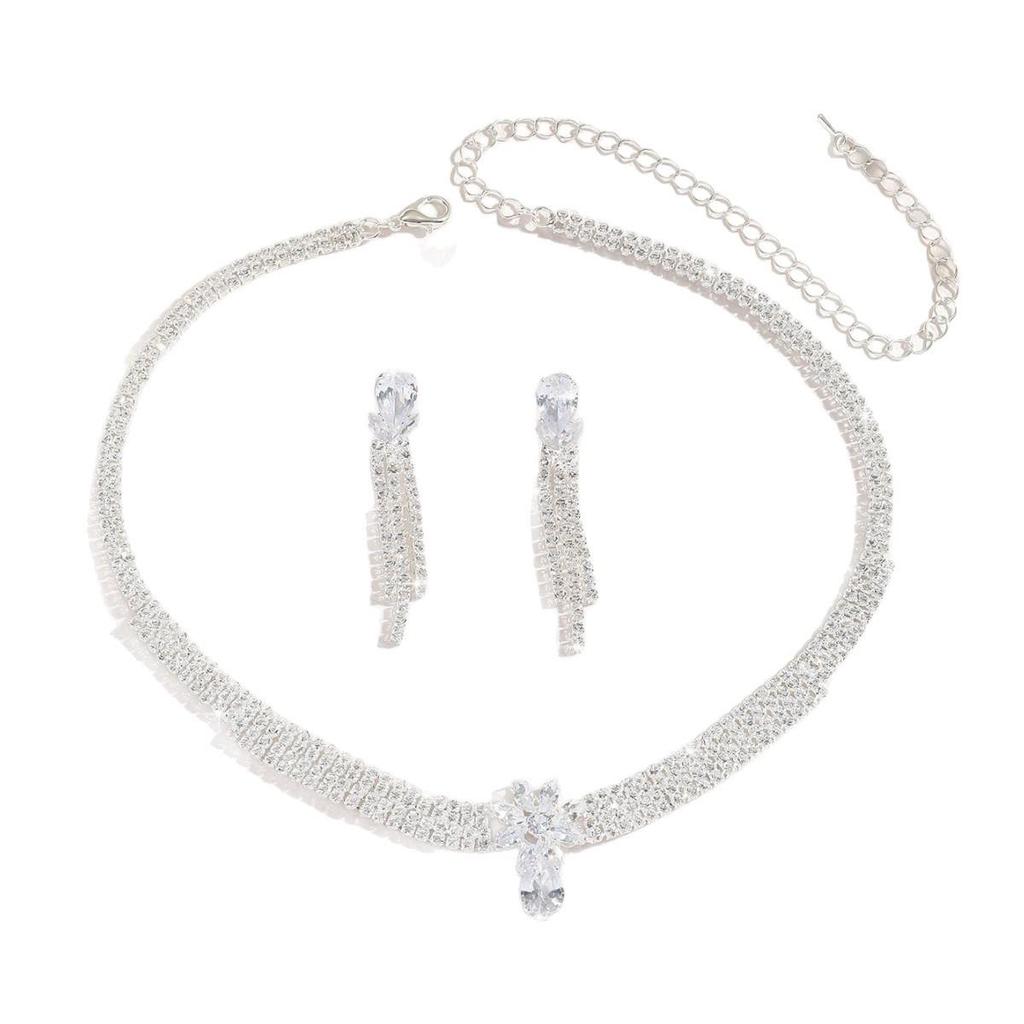 European & American Style Zirconia Necklace & Earrings Set - Full Diamond Wedding Jewelry