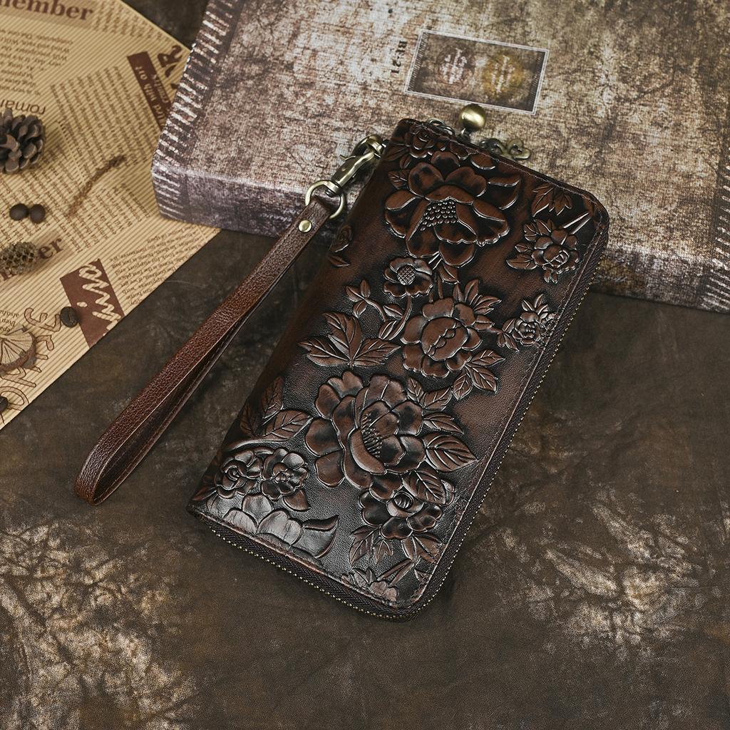 Vintage New Flower and Plant Embossed Long Leather Wallet Handbag Women's Head Layer Leather Leather
