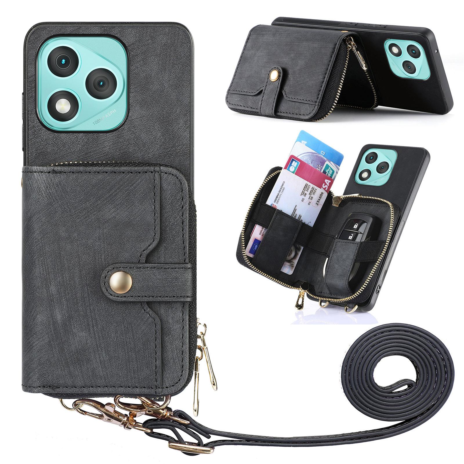 

Чехол-накладка из ПУ-кожи для телефона Honor 400 Lite с держателем для карт на молнии и длинным ремешком Black