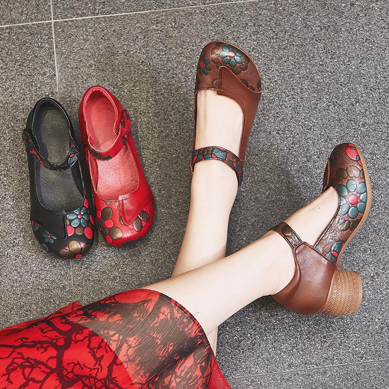 Retro New Autumn Women's Shoes Thick Heel Soft Sole Non-slip Single Shoes Female Mother Cowhide Leather Shoes