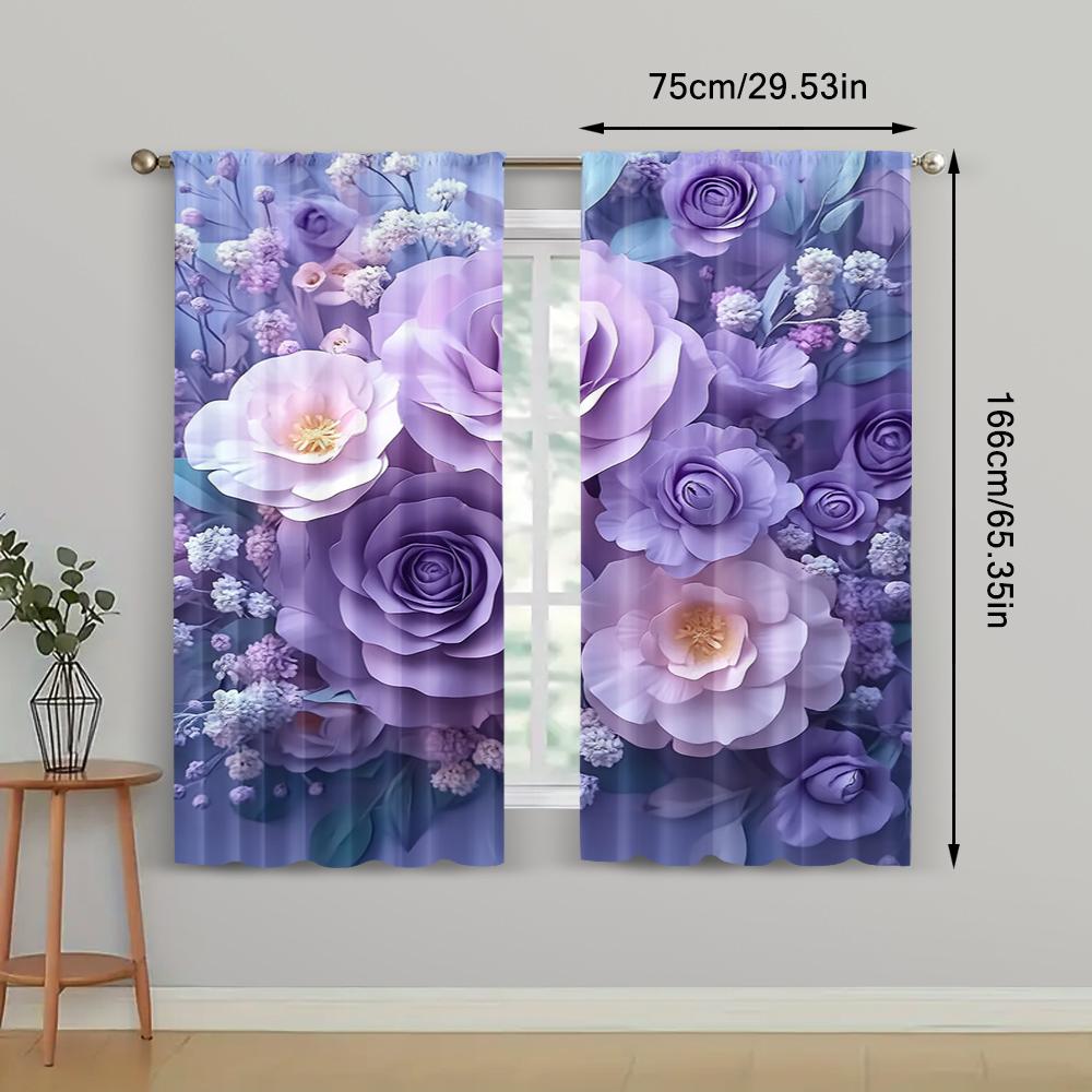 2pc,  Curtain Large Purple Floral Blackout  Polyester Festive Wall Decor Use for Holiday Parties
