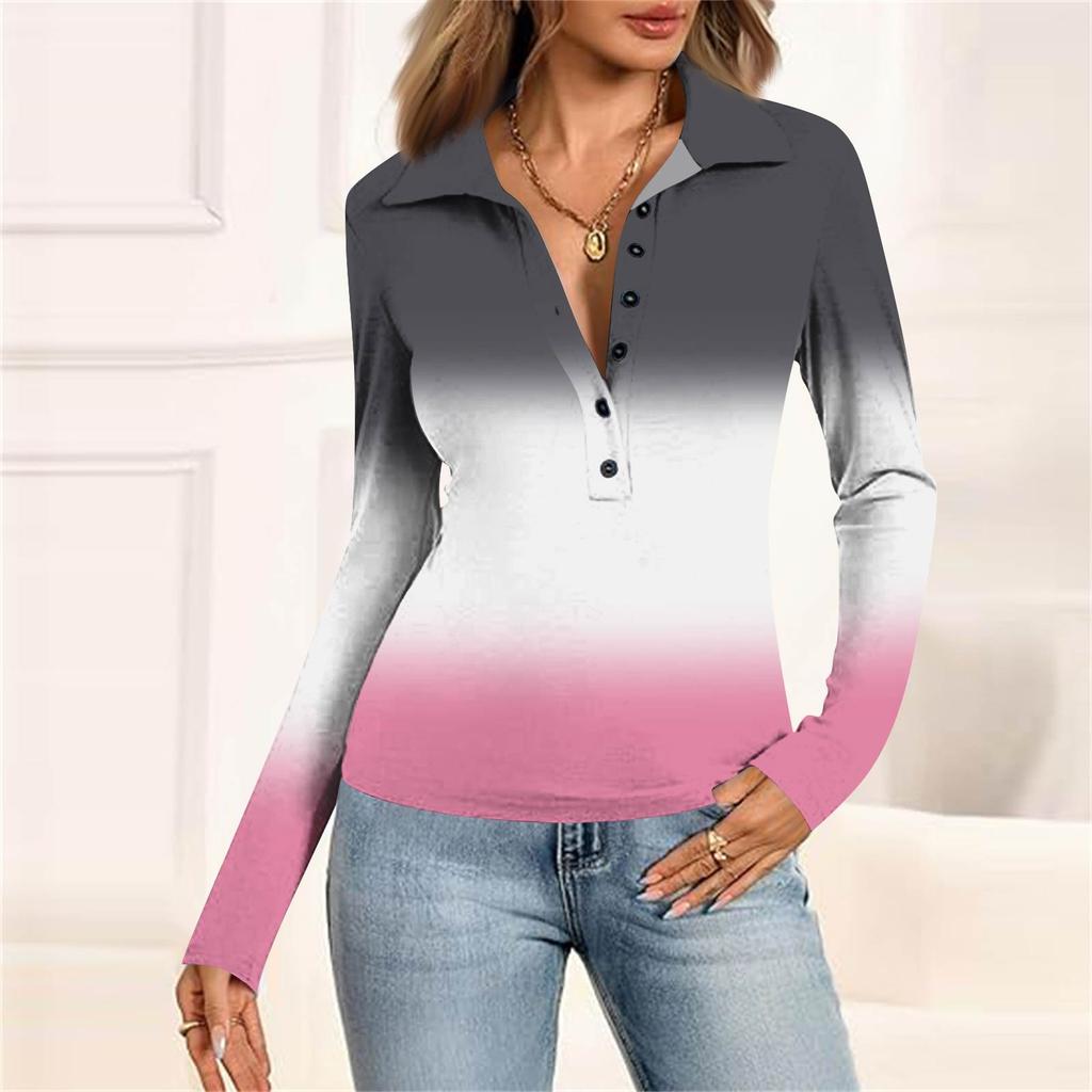 Damenmode Lässig Bedrucktes V-Ausschnitt Langarm Knopfleiste Oberteil