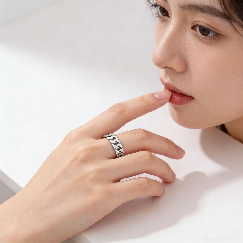 CaiYi S925 Sterling Silver Twist Chain Ring - Trendy Unisex Design