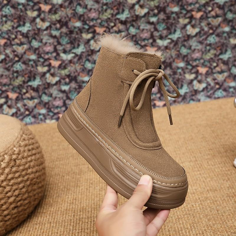 Modische Schneestiefel mit dicker Sohle für Damen, Samt-warm und bequem, Baumwollstiefel, Lederoberfläche, lässiges Nischendesign, Martinstiefel