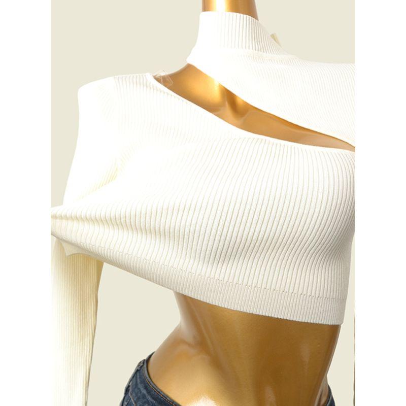 Fashion Retro Sexy Half Turtleneck Chest Oblique Cut Opening High Waist Short Long Sleeves Knitwear Foreign Trade Original Order Tops