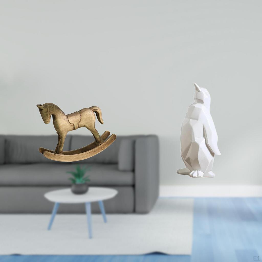 Rustic Wooden Rocking Horse And Penguin Figurine Sculpture Collectable Animal Ornament for Home