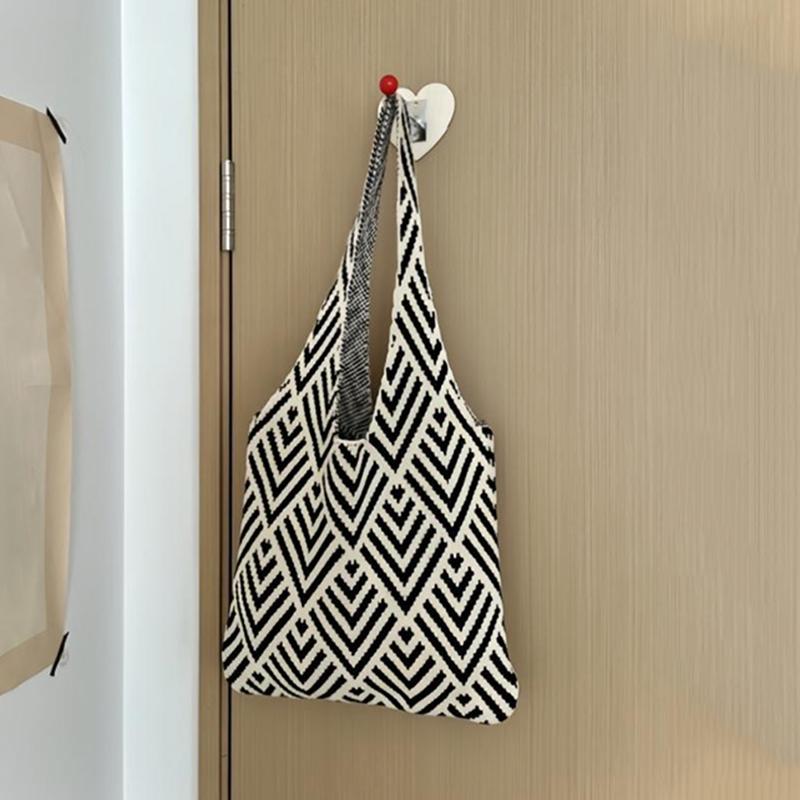 Fashion Geometric Contrast Color Handmade Knitted Handbag Women Minimalist Knot Shoulder Bag