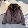 Mens Thick Warm Cotton Puffer Jacket With Faux Fur Collar Loose Fit Winter Coat Black Gray Brown