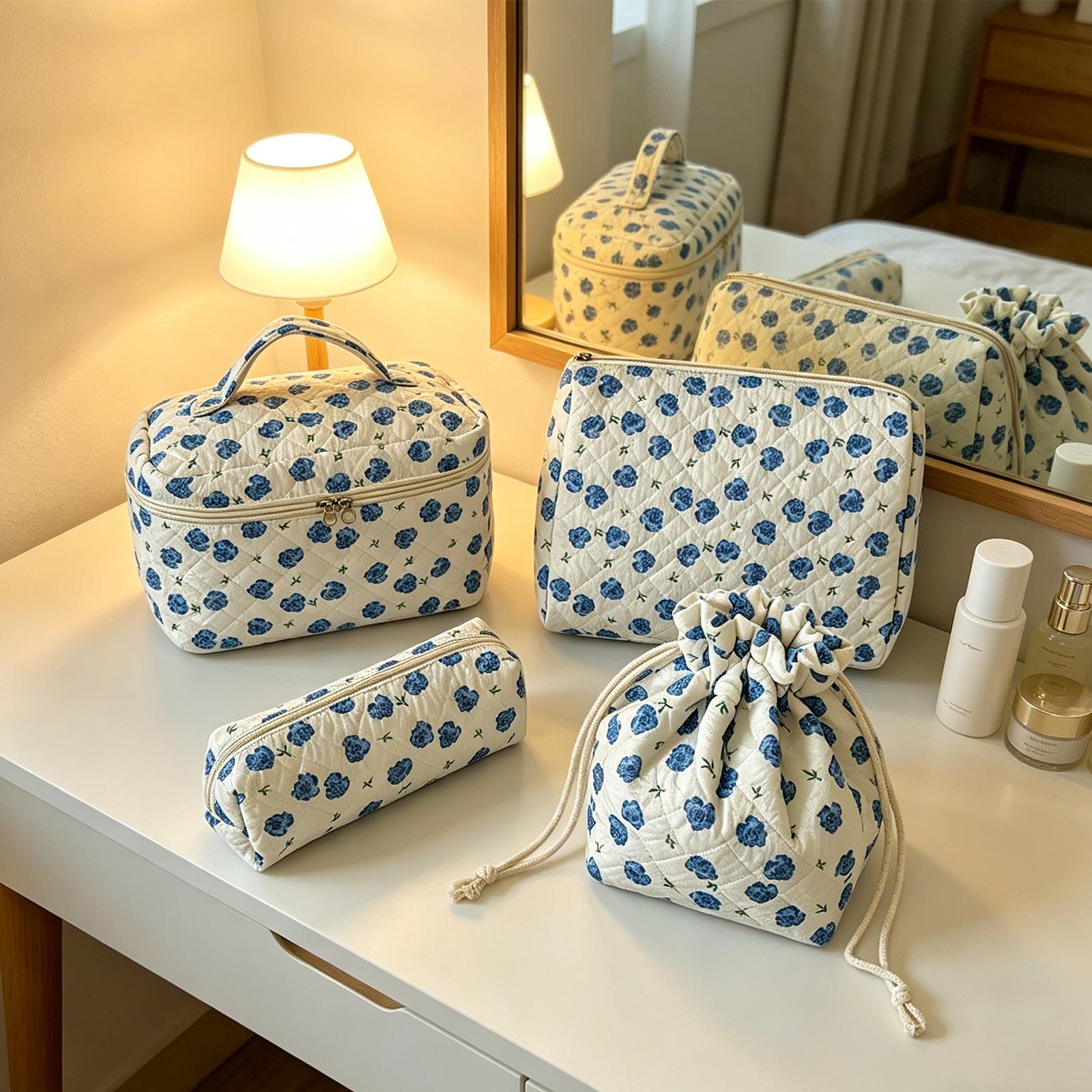 

4Pcs Cotton Quilted Storage Bag with Pencil Case Small Padded Cosmetic Bags Large Capacity For Bathroom Dressing Table Home синий