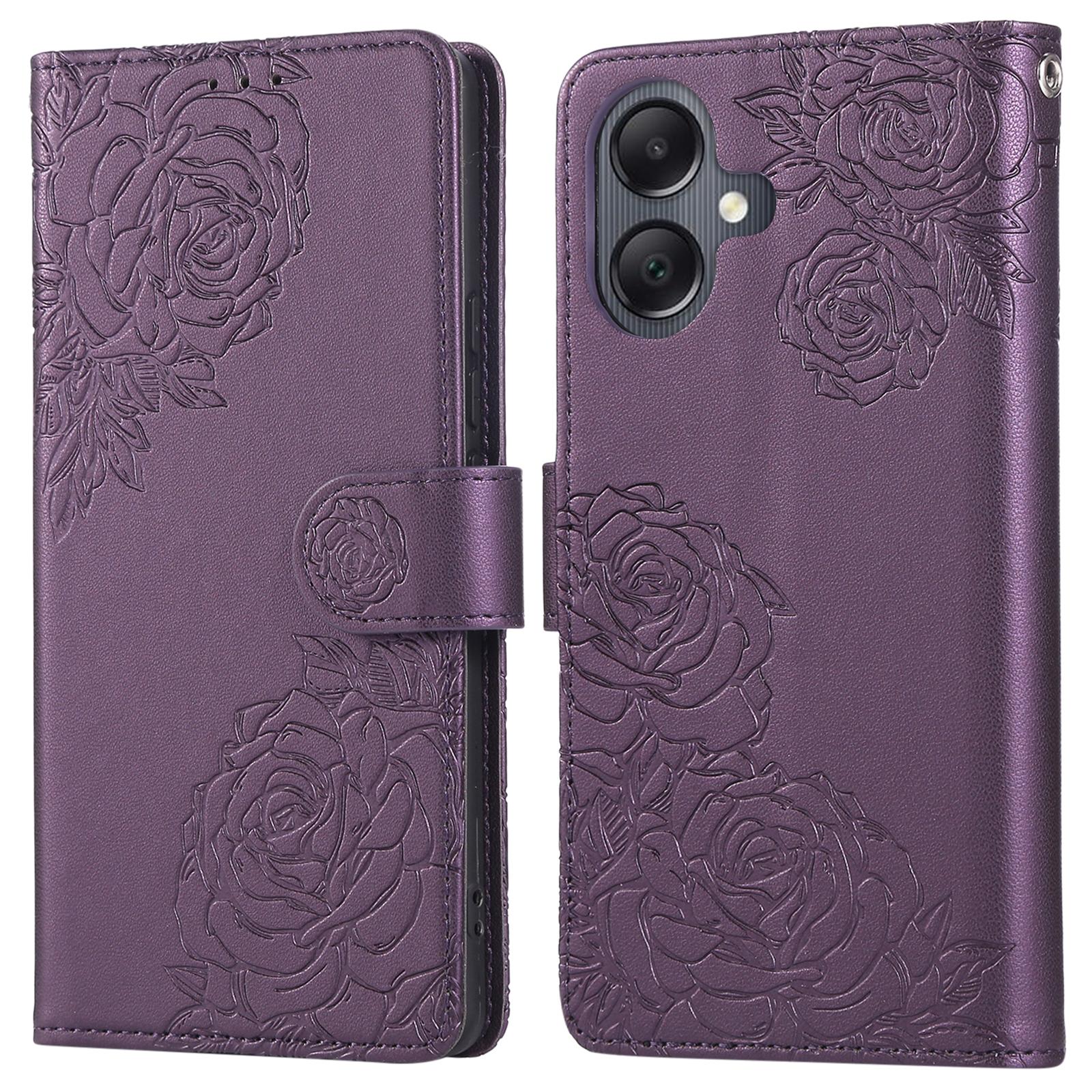 

For Samsung Galaxy A05 4G Case Rose Flower PU Leather Wallet Phone Cover with 3 Card Slots Dark Purple