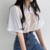 Women Spring Summer Solid Color Short Sleeved Polo Collar Fake Two T-shirt Loose Contrast Color Blouses Pullover Top S-XXL