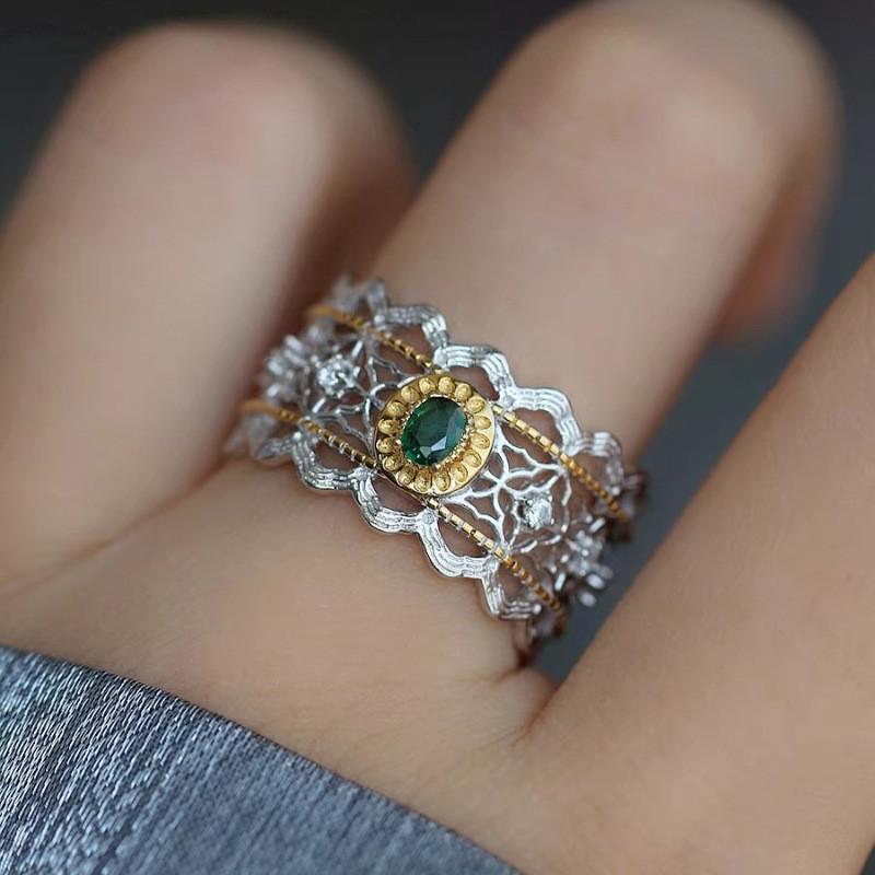 Elegant Luxury Style Open Adjustable Copper Ring For Women With Green Diamonds