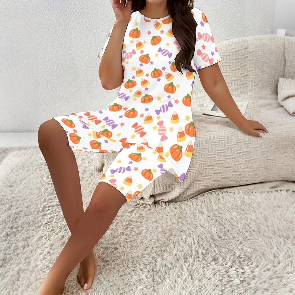 Women Plus Size Round Neck Short Sleeve Longline Top Printed Pumpkin Bat Bow White Two Piece Pajama Set