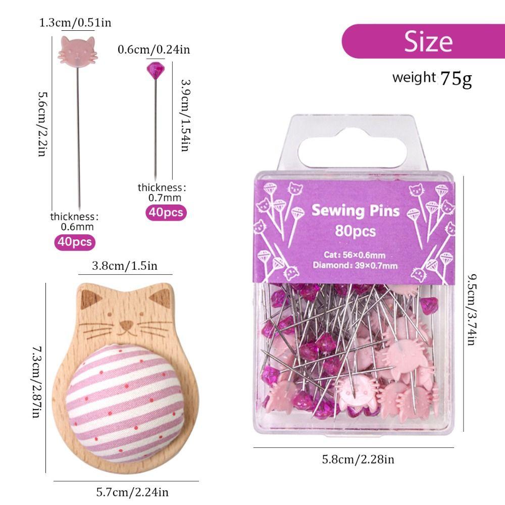80pcs DIY Crafts Sewing Pin Holder Multi-Color Dressmaker Quilting Cat-Shaped Diamond Head Pins with Positioning Pins