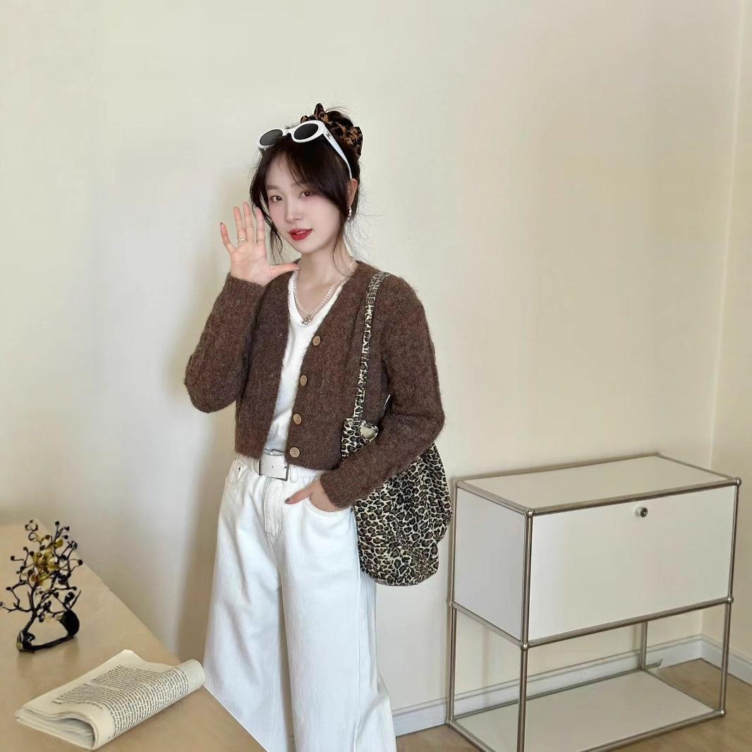 

Женский свитер с V-образным вырезом, однобортный, приталенный, с длинными рукавами, вязаный кардиган для осени 3XL темно-коричневого