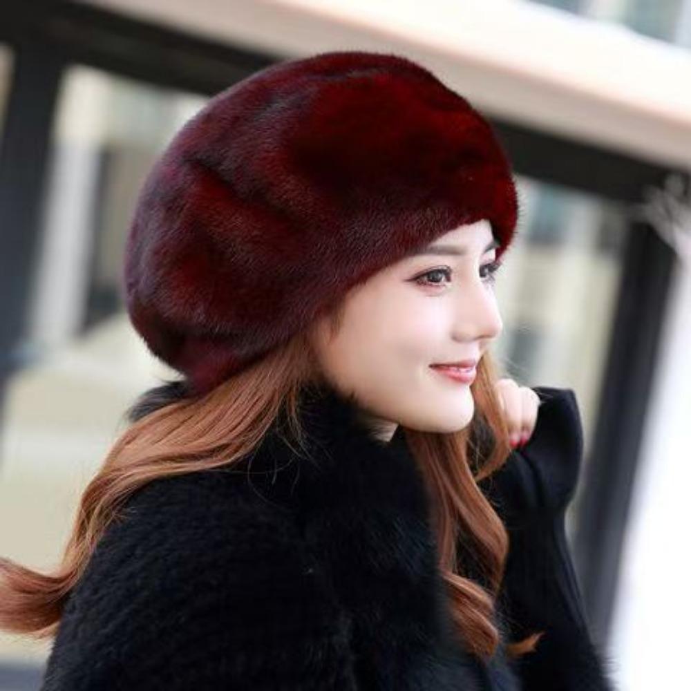 Mink Hat Women's Winter Warm Ear Protection Bag Head Middle-aged and Elderly Mother Model Beret Octagonal Snow Hat Imitation Fur