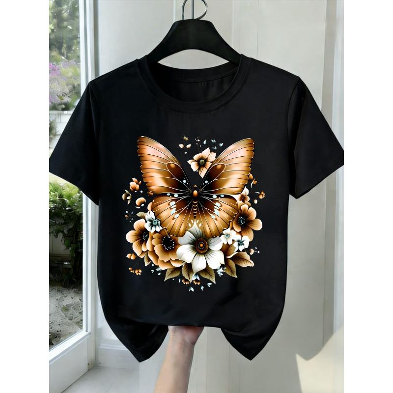

European Size 2026 New Women s T-shirts, Black&White&Grey Soft Shirt with Butterfly Floral Design Printed Design, Casual Round Neck Stretchy Fabric 4XL чорний