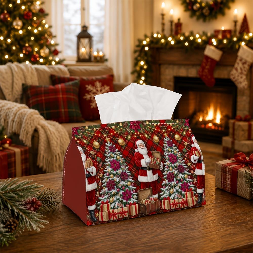 1pc Traditional Holiday Festive Tissue Box - Santa Claus Figure Pine Tree Present Napkin Storage Box, Suitable for Rolls/facial Tissues/single Sheets,
