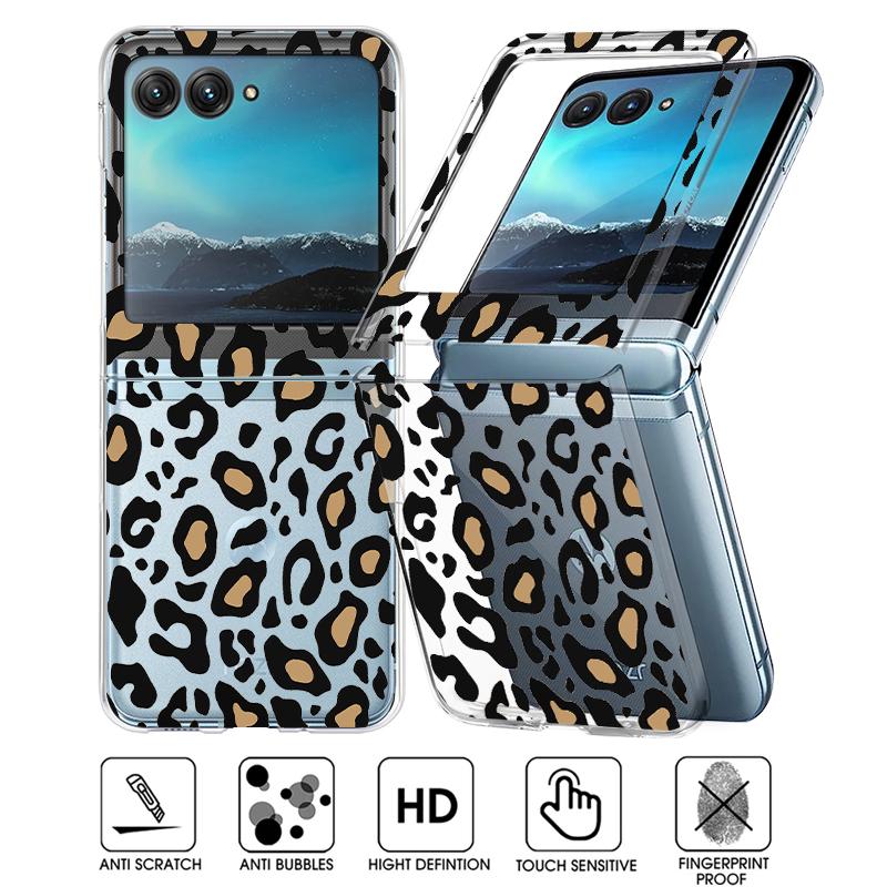 Clear Leopard Pattern Hard PC Folding Phone Case For Motorola Razr40 Razr50 Razr 50 40 Ultra Transparent Shockproof Bumper Cover