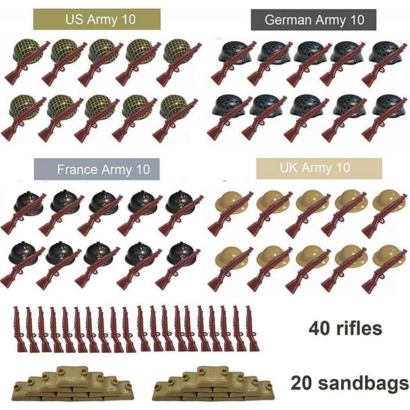 WW2 Military Figure Building Block Set with Weapons and Sandbags - Exclusive Collection