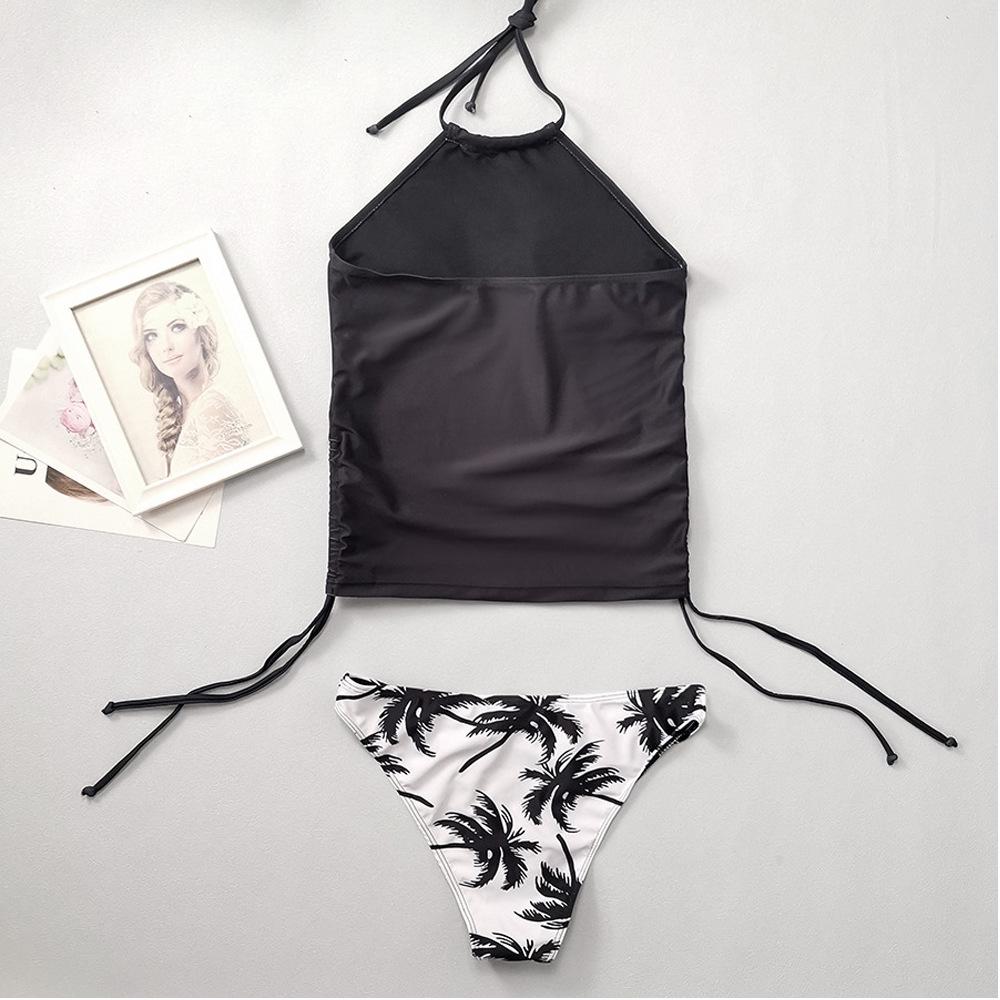 23-Year Coconut Tree Print Halter Neck Tie-Up Tummy Control Plus Size Women's Bikini