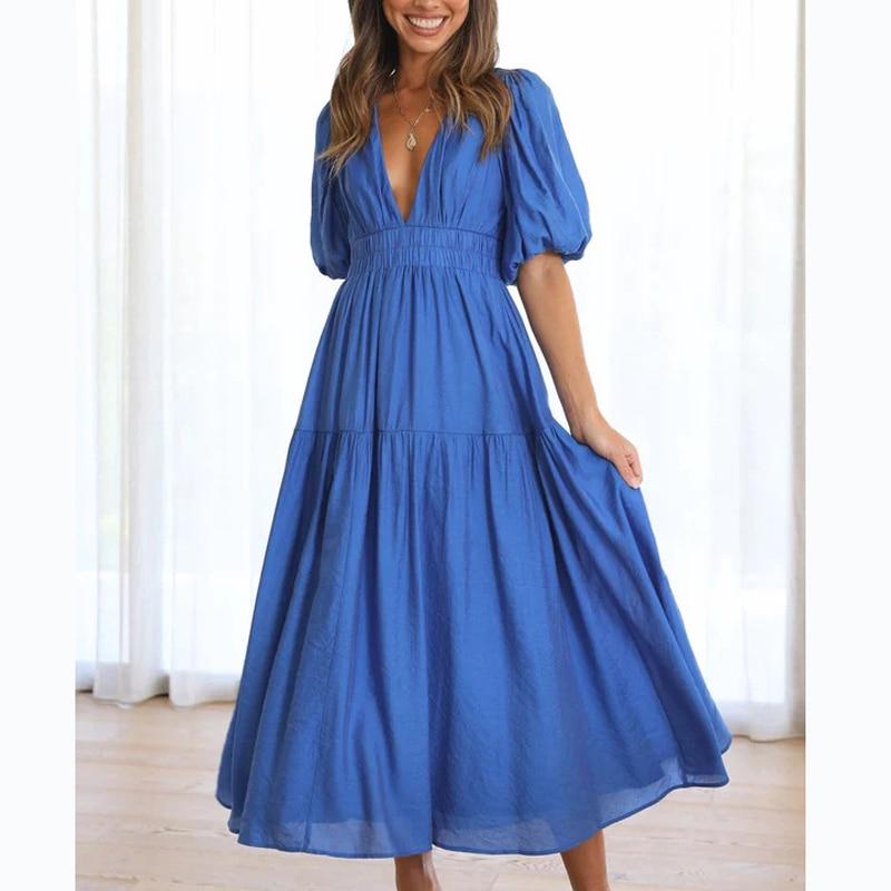 Summer Sexy Deep V-neck Long Dress For Women Office Lady Solid Puff Sleeve Dress Fashion Casual Shirring A-line Robe 25816