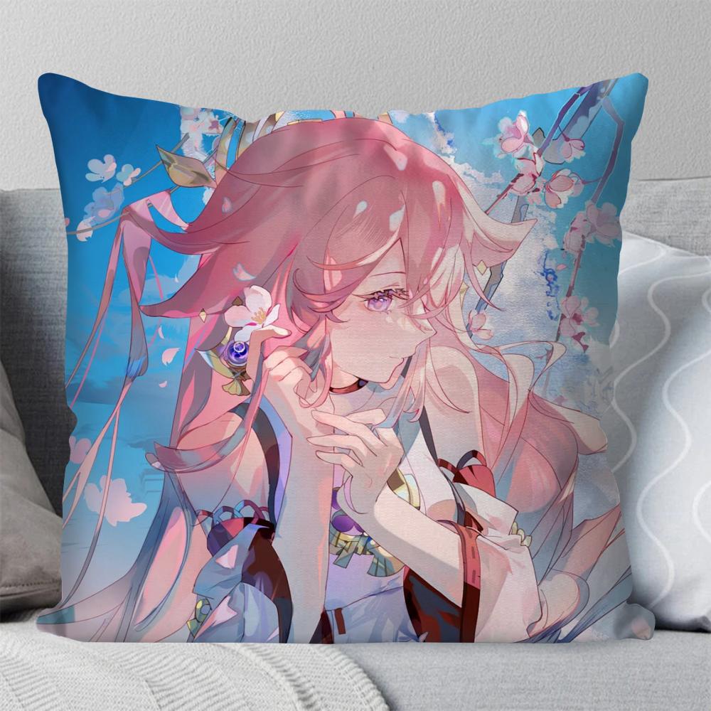 Yae Miko Animation Game G-Genshin I-Impact Pillow Case Square Pillow Bedroom Sofa Leisure Car Living Room Home Decoration 40X40