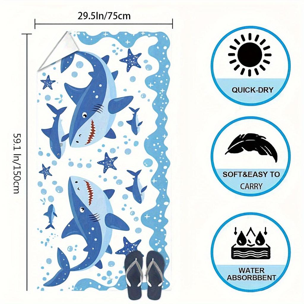 Absorbent Ultra-Soft Ocean Shark Pattern Flat Print Quick-Dry Microfiber Beach Towel Kids Swim Pool Towel