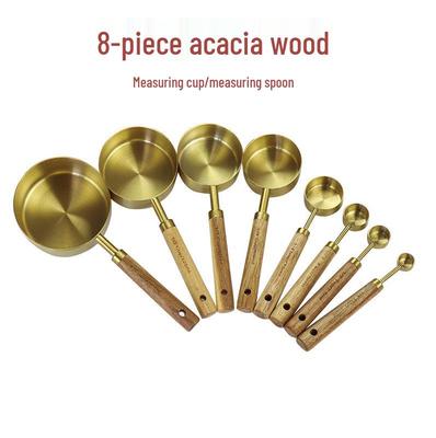 8-Piece Acacia Wood & Titanium Gold Stainless Steel Measuring Cup & Spoon Set