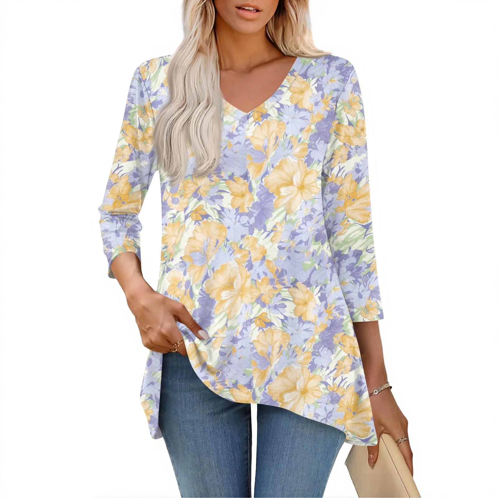 

Womens Tops V-neck 3/4 Sleeve Blouses Casual Mid-length Shirts Fashion Print Tunic Tops M фіолетовий