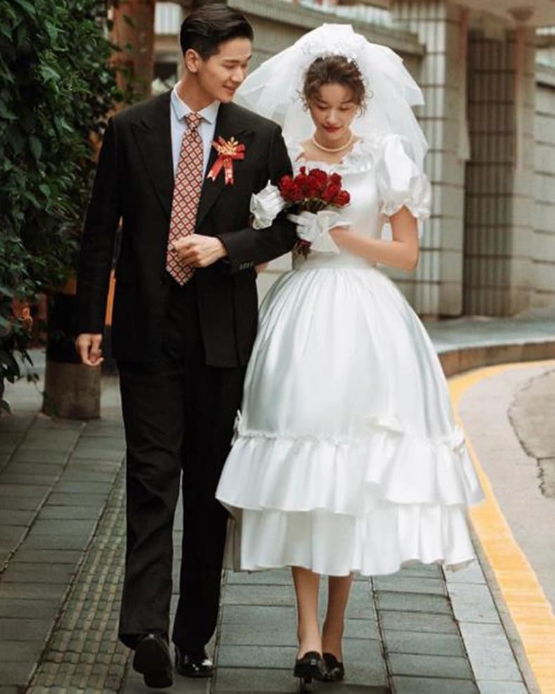 White Wedding Perfect for and Empire Puff Elegant Formal Dress R-QINYUER Women's Dress, Weddings, Bridal, Parties, Knee-Length, Line, Sleeves, (XXL)